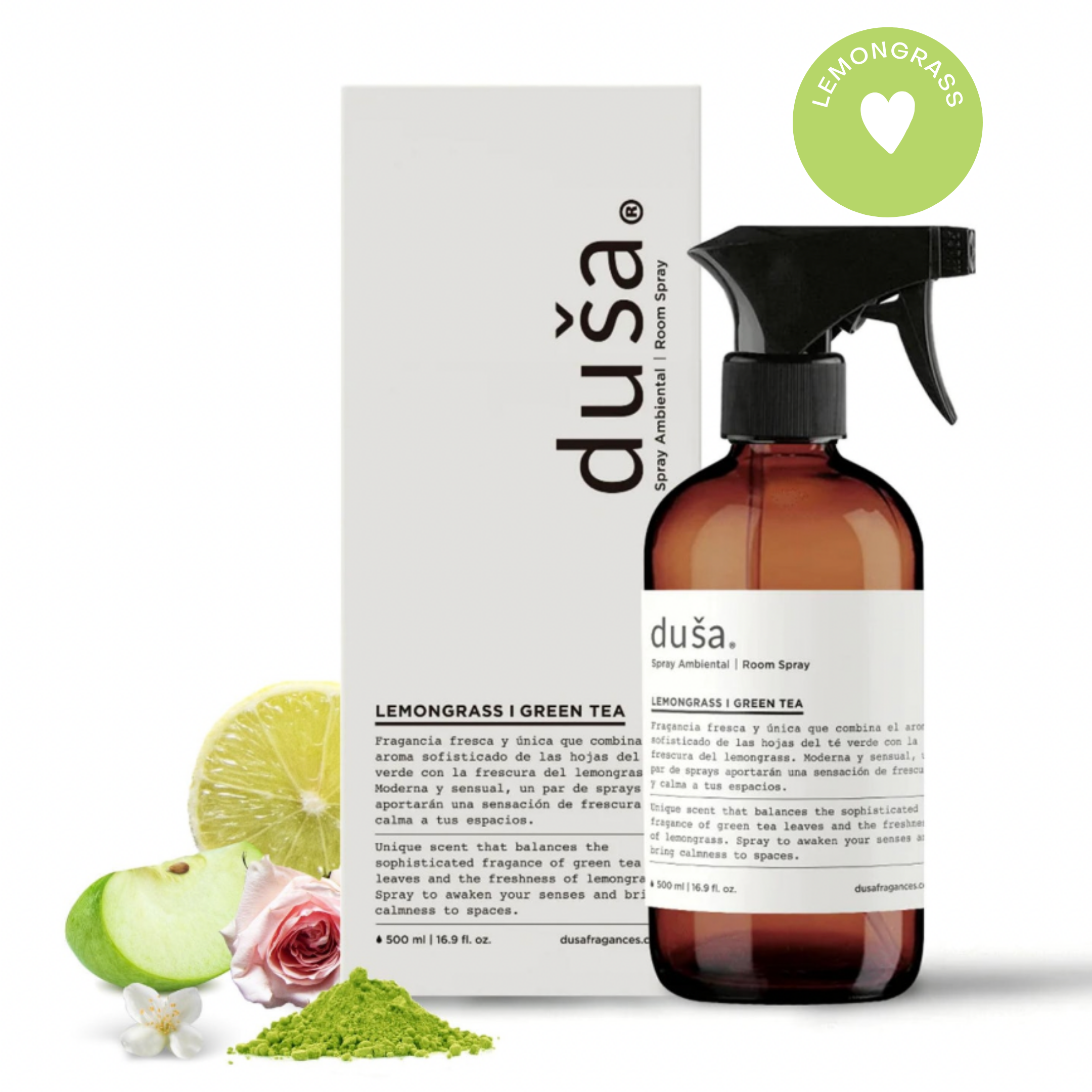 Lemongrass I Green Tea -Aromatizante en Spray |  Para Telas y Ropa de Cama | Eliminador de olores en Spray - 500ml